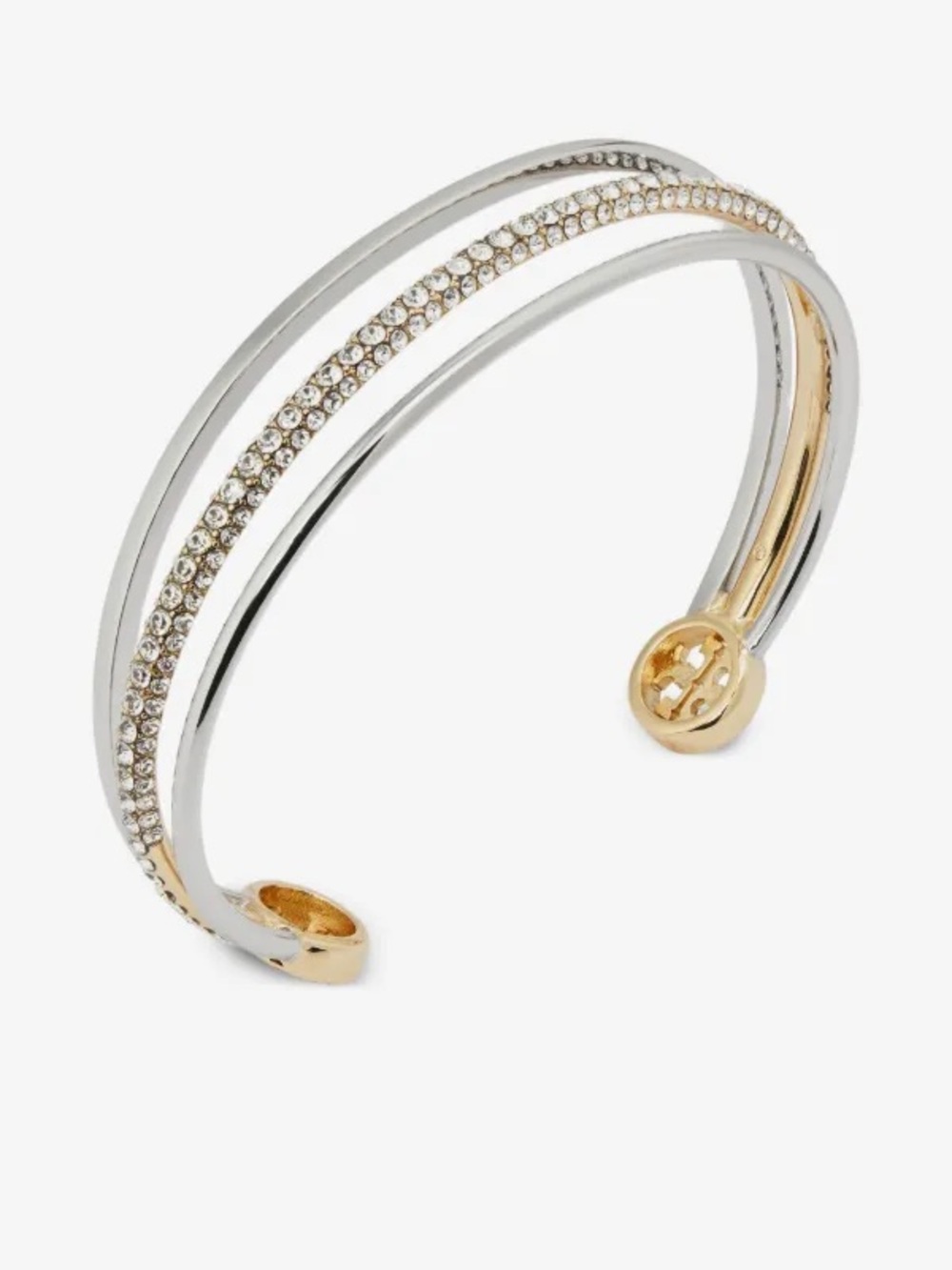 Tory Burch Crystal Logo Open Cuff Bracelet Two-Tone Gold Silver Tone